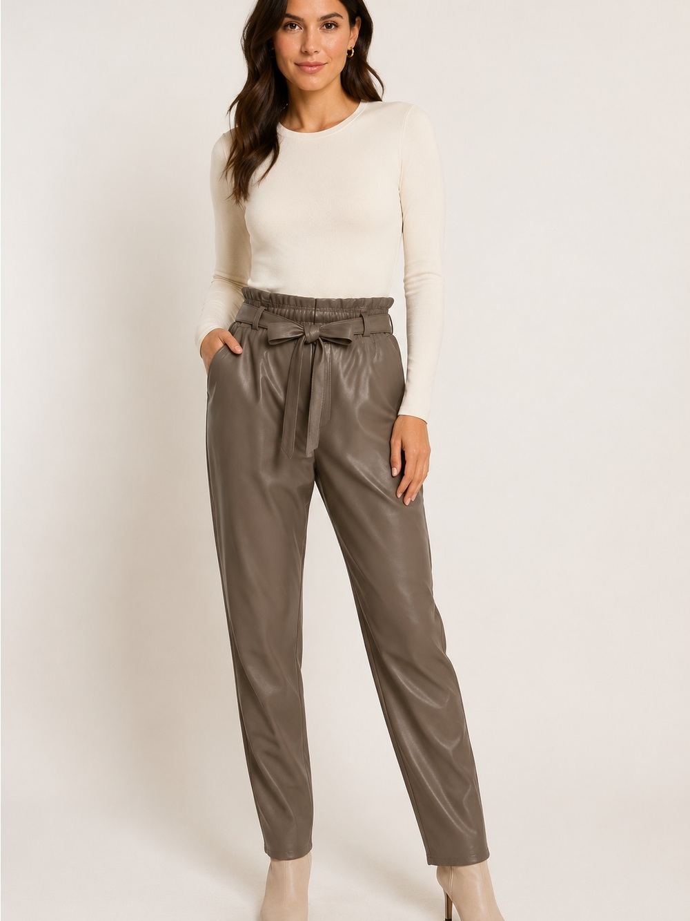 Mexx Taupe Faux Leather Paperbag Waist Belted Pants Size M